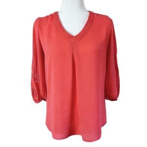 Brixon Ivy Women's Stitch Fix Elmar Embroidered Cutout Top XS Coral Pink V Neck